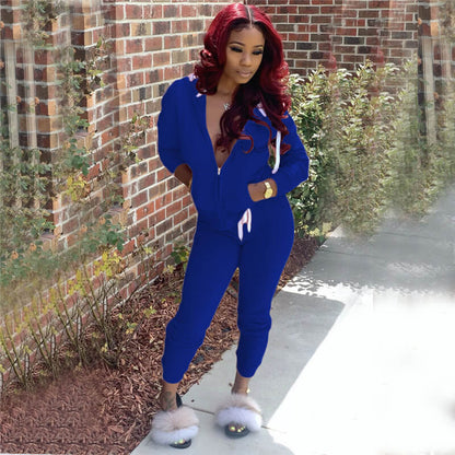 S-2XL Women Casual Solid Color Sport Top And Pants Two Pieces Set
