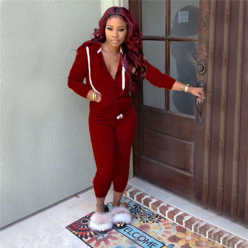 S-2XL Women Casual Solid Color Sport Top And Pants Two Pieces Set