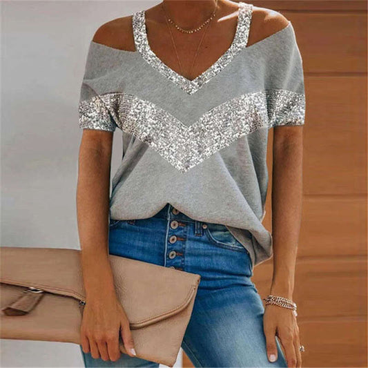 Camiseta informal de manga corta con diseño de patchwork y bloques de color para mujer tallas S-5XL