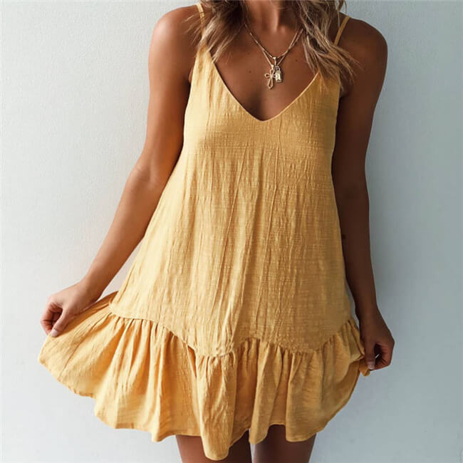 S-XL Women Casual Solid Color V Neck Strap Dress
