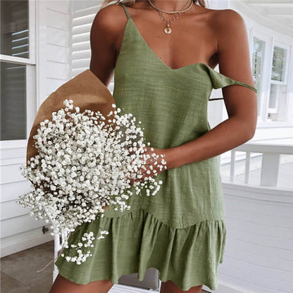 S-XL Women Casual Solid Color V Neck Strap Dress