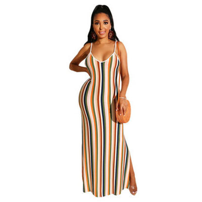 S-XL Women Fashion Casual Vacation Stripe Printing Backless Side-slit Dress