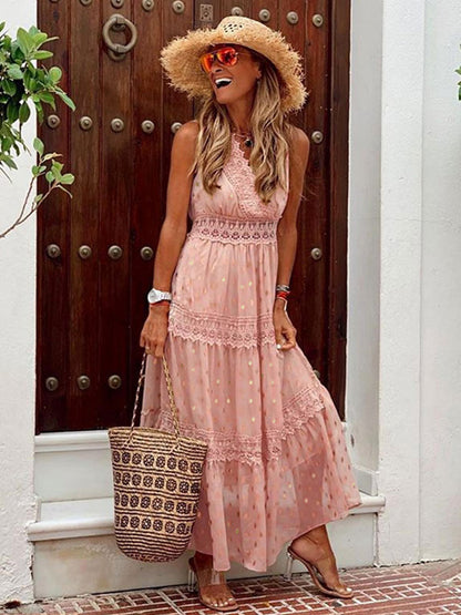 Polka Dot Boho Maxi Dress for Women - Lace Trim Tiered V Neck Sundress - Summer Beach Holiday 2026