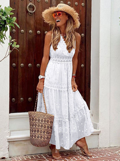 Polka Dot Boho Maxi Dress for Women - Lace Trim Tiered V Neck Sundress - Summer Beach Holiday 2026