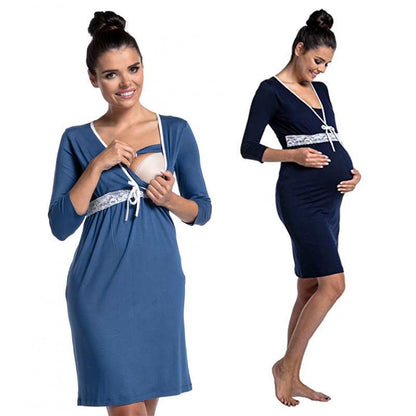 S-2XL Women Casual Lace Patchwork Maternity Dress