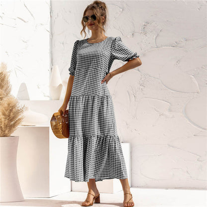 S-2XL Women Casual Puff Sleeve Plaid Printing Maxi Dress