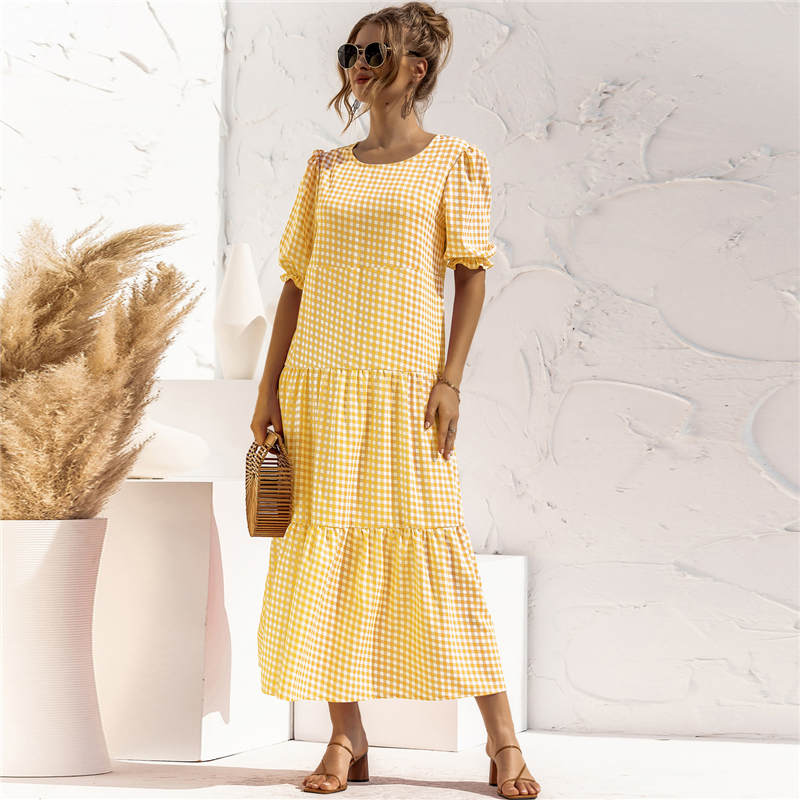 S-2XL Women Casual Puff Sleeve Plaid Printing Maxi Dress