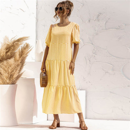 S-2XL Women Casual Puff Sleeve Plaid Printing Maxi Dress