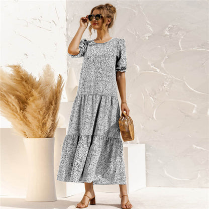 S-2XL Women Casual Puff Sleeve Plaid Printing Maxi Dress