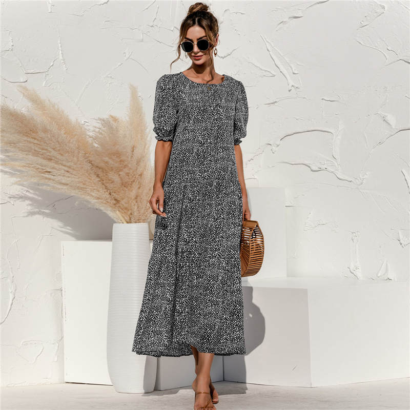 S-2XL Women Casual Puff Sleeve Plaid Printing Maxi Dress