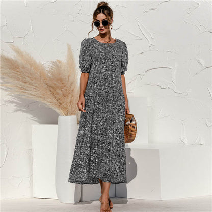 S-2XL Women Casual Puff Sleeve Plaid Printing Maxi Dress