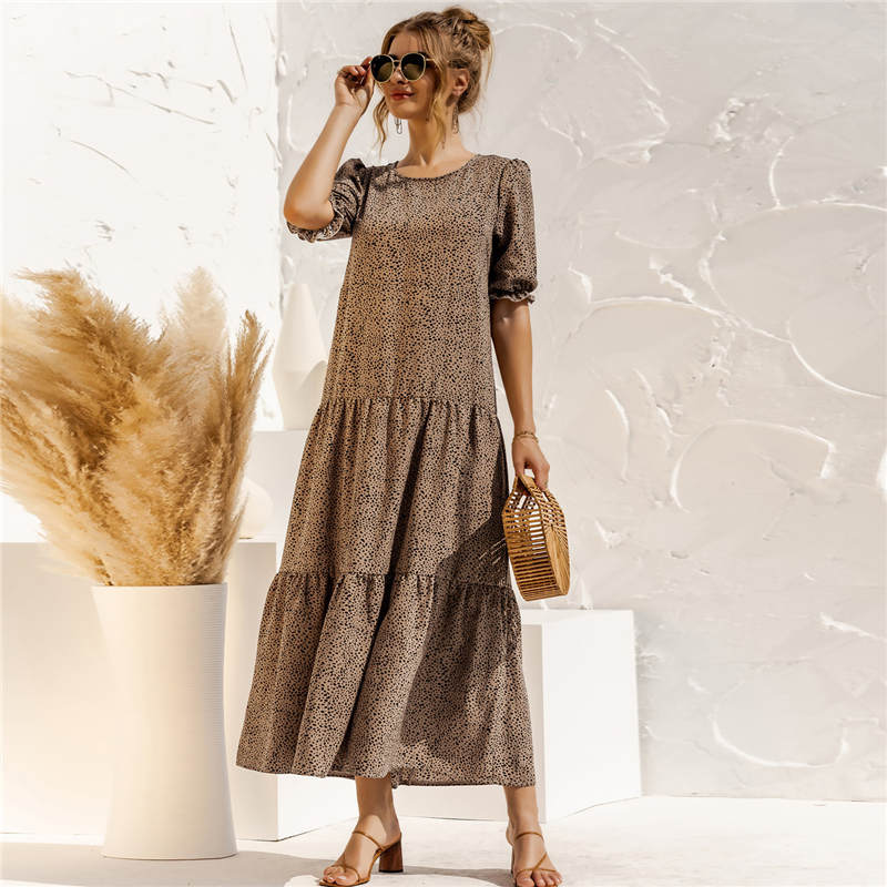 S-2XL Women Casual Puff Sleeve Plaid Printing Maxi Dress