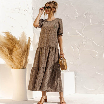S-2XL Women Casual Puff Sleeve Plaid Printing Maxi Dress