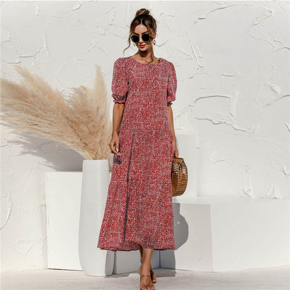S-2XL Women Casual Puff Sleeve Plaid Printing Maxi Dress