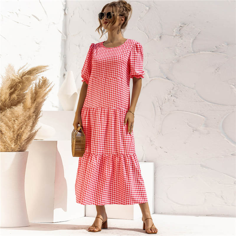 S-2XL Women Casual Puff Sleeve Plaid Printing Maxi Dress