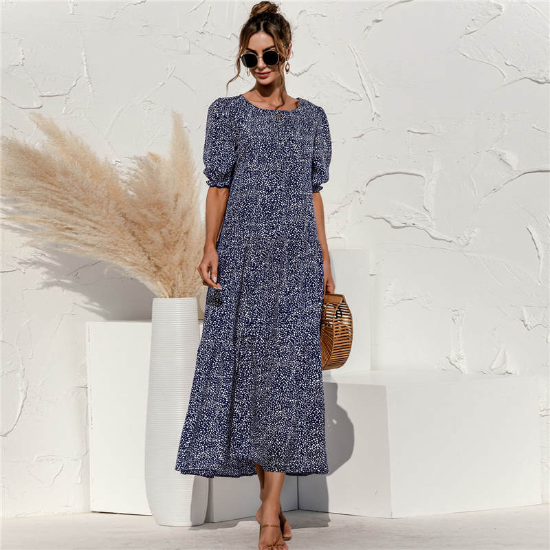 S-2XL Women Casual Puff Sleeve Plaid Printing Maxi Dress