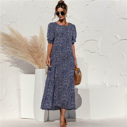 S-2XL Women Casual Puff Sleeve Plaid Printing Maxi Dress