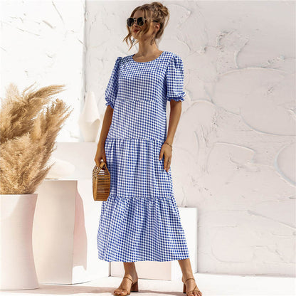 S-2XL Women Casual Puff Sleeve Plaid Printing Maxi Dress