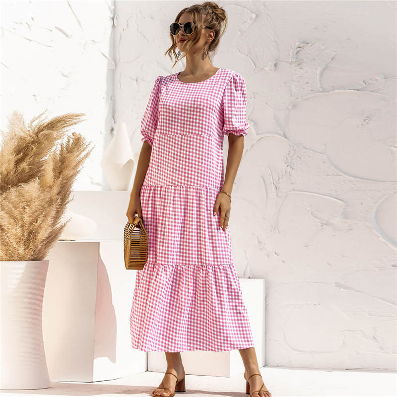 S-2XL Women Casual Puff Sleeve Plaid Printing Maxi Dress