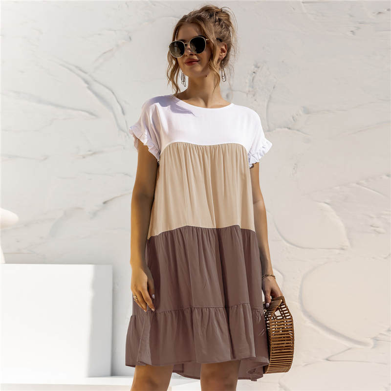 S-2XL Women Casual Color Blocking Flounced Dress