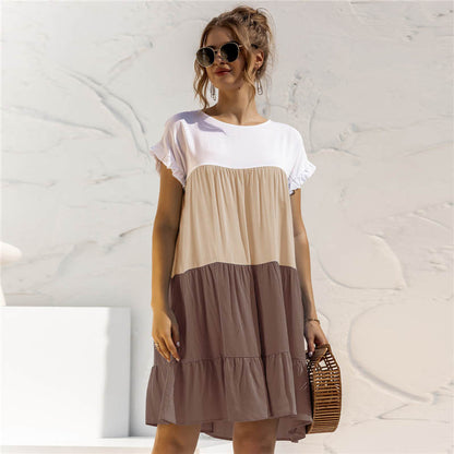 S-2XL Women Casual Color Blocking Flounced Dress