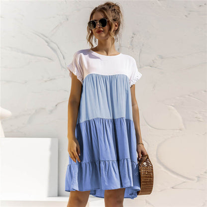 S-2XL Women Casual Color Blocking Flounced Dress
