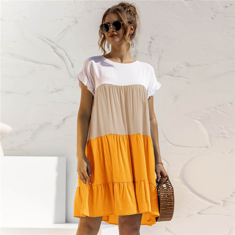 S-2XL Women Casual Color Blocking Flounced Dress