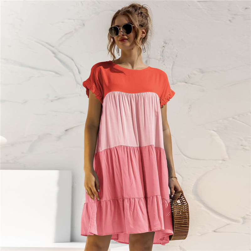 S-2XL Women Casual Color Blocking Flounced Dress