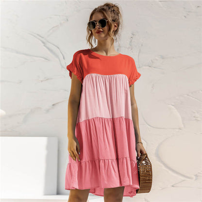 S-2XL Women Casual Color Blocking Flounced Dress