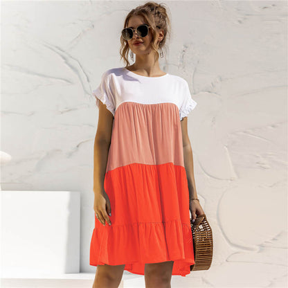 S-2XL Women Casual Color Blocking Flounced Dress