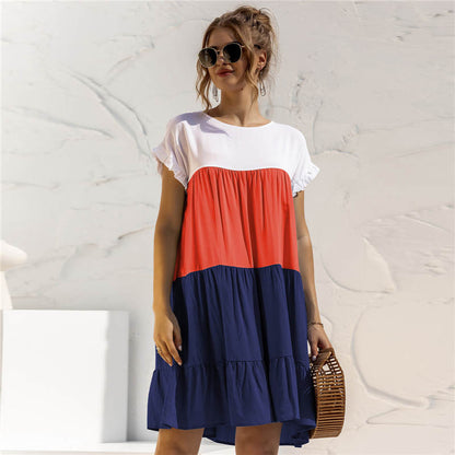 S-2XL Women Casual Color Blocking Flounced Dress
