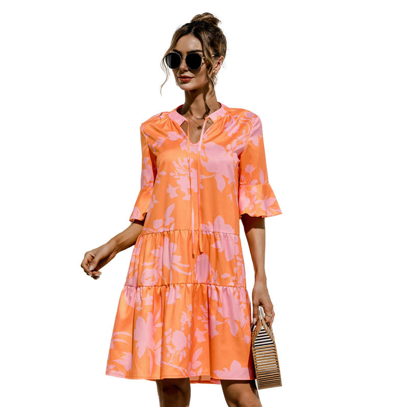 S-2XL Women Casual Flare Sleeve V Neck Dress