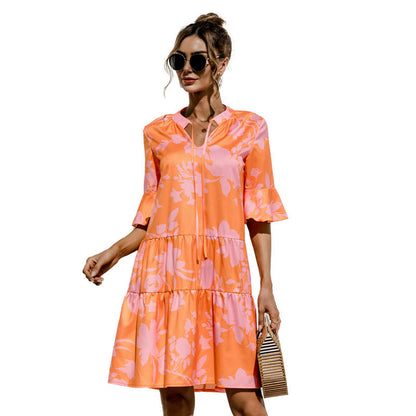 S-2XL Women Casual Flare Sleeve V Neck Dress