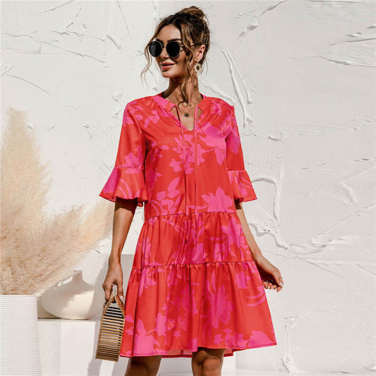 Vestido informal con cuello en V y mangas acampanadas para mujer tallas S-2XL