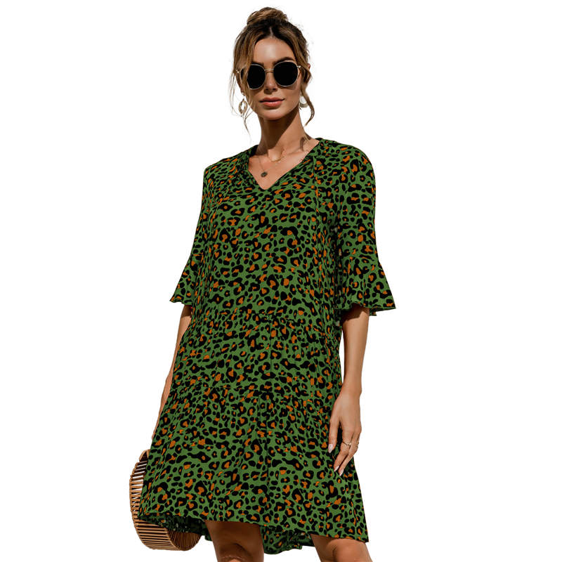 S-2XL Women Casual Flare Sleeve V Neck Dress