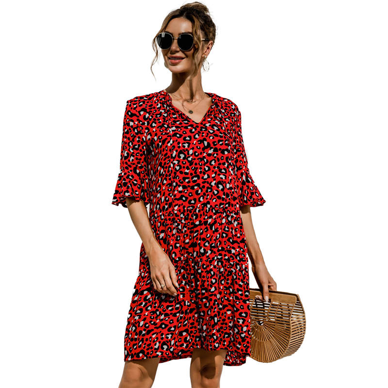 S-2XL Women Casual Flare Sleeve V Neck Dress