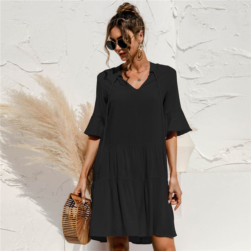 S-2XL Women Casual Flare Sleeve V Neck Dress