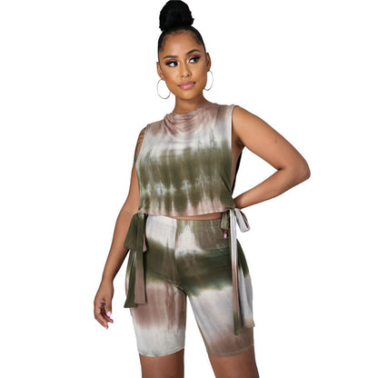 Conjunto de dos piezas de top y pantalones cortos sin mangas con estampado tie-dye informal para mujer tallas S-2XL