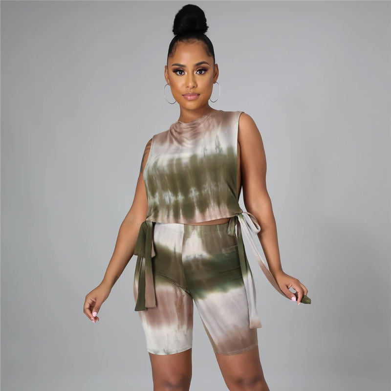 Conjunto de dos piezas de top y pantalones cortos sin mangas con estampado tie-dye informal para mujer tallas S-2XL