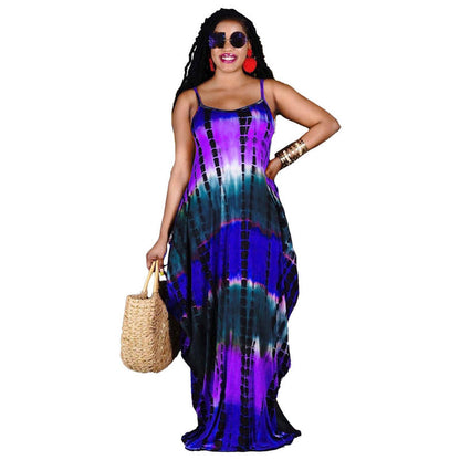 S-3XL Women Casual Tie-dye Printing Strap Maxi Dress