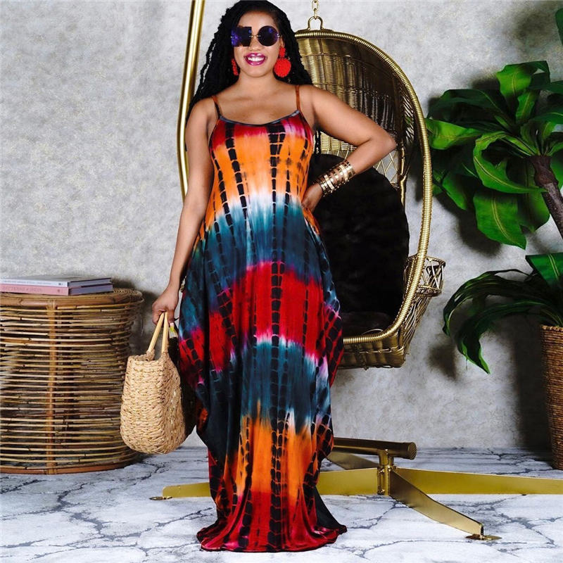 S-3XL Women Casual Tie-dye Printing Strap Maxi Dress