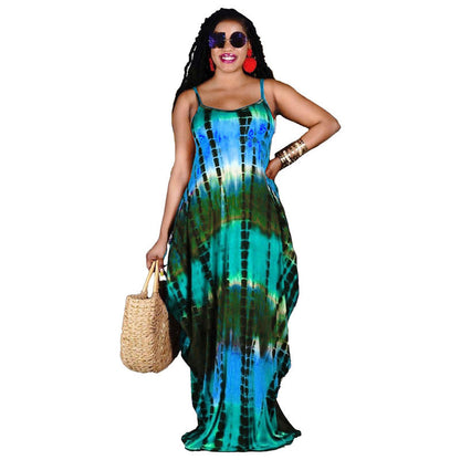 S-3XL Women Casual Tie-dye Printing Strap Maxi Dress