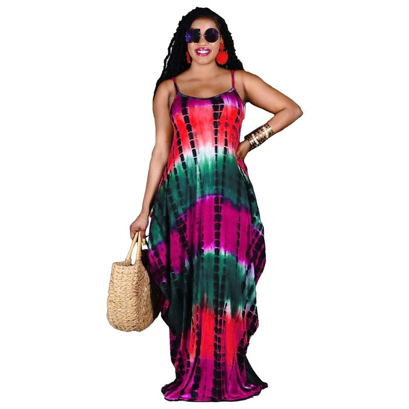 S-3XL Women Casual Tie-dye Printing Strap Maxi Dress