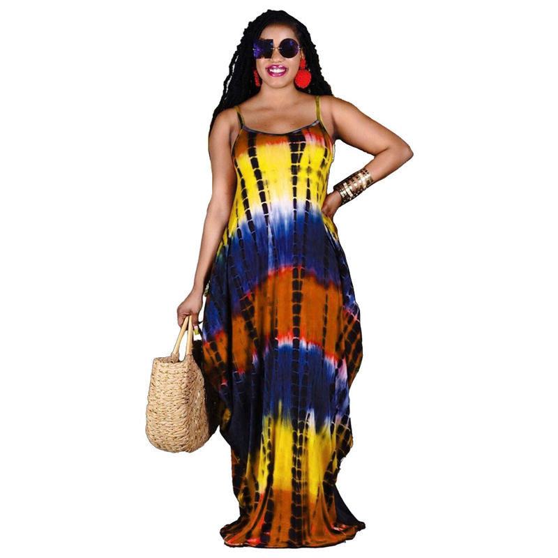 S-3XL Women Casual Tie-dye Printing Strap Maxi Dress