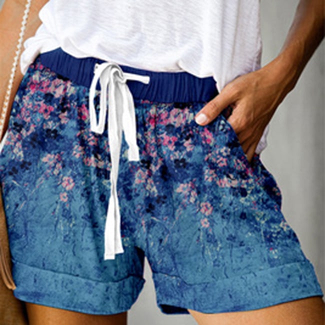 S-5XL Women Floral Print Drawstring Waist Casual Shorts