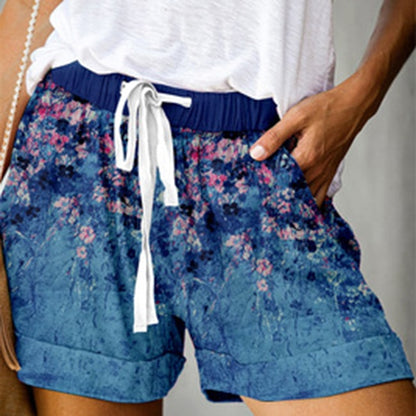 S-5XL Women Floral Print Drawstring Waist Casual Shorts
