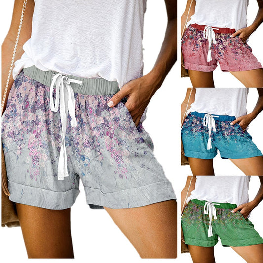 S-5XL Women Floral Print Drawstring Waist Casual Shorts