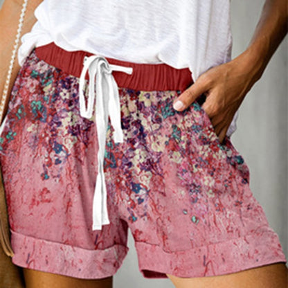 S-5XL Women Floral Print Drawstring Waist Casual Shorts