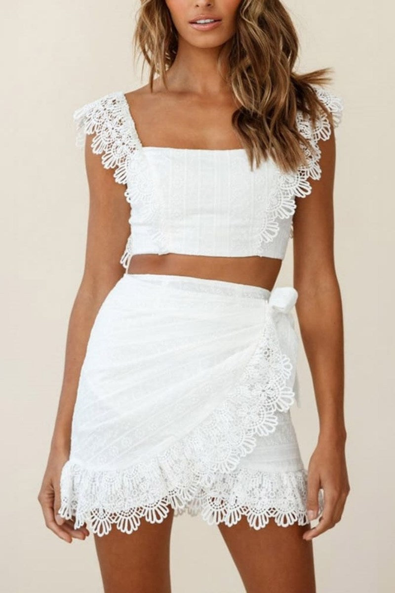 Conjunto de top corto y falda de encaje Sonnet blanco