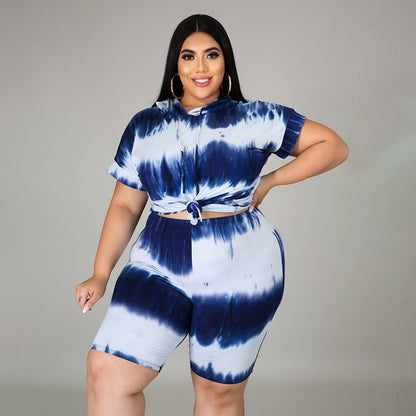 XL-4XL Women Casual Tie Dye Short Sleeve Hooded Top And Shorts Set